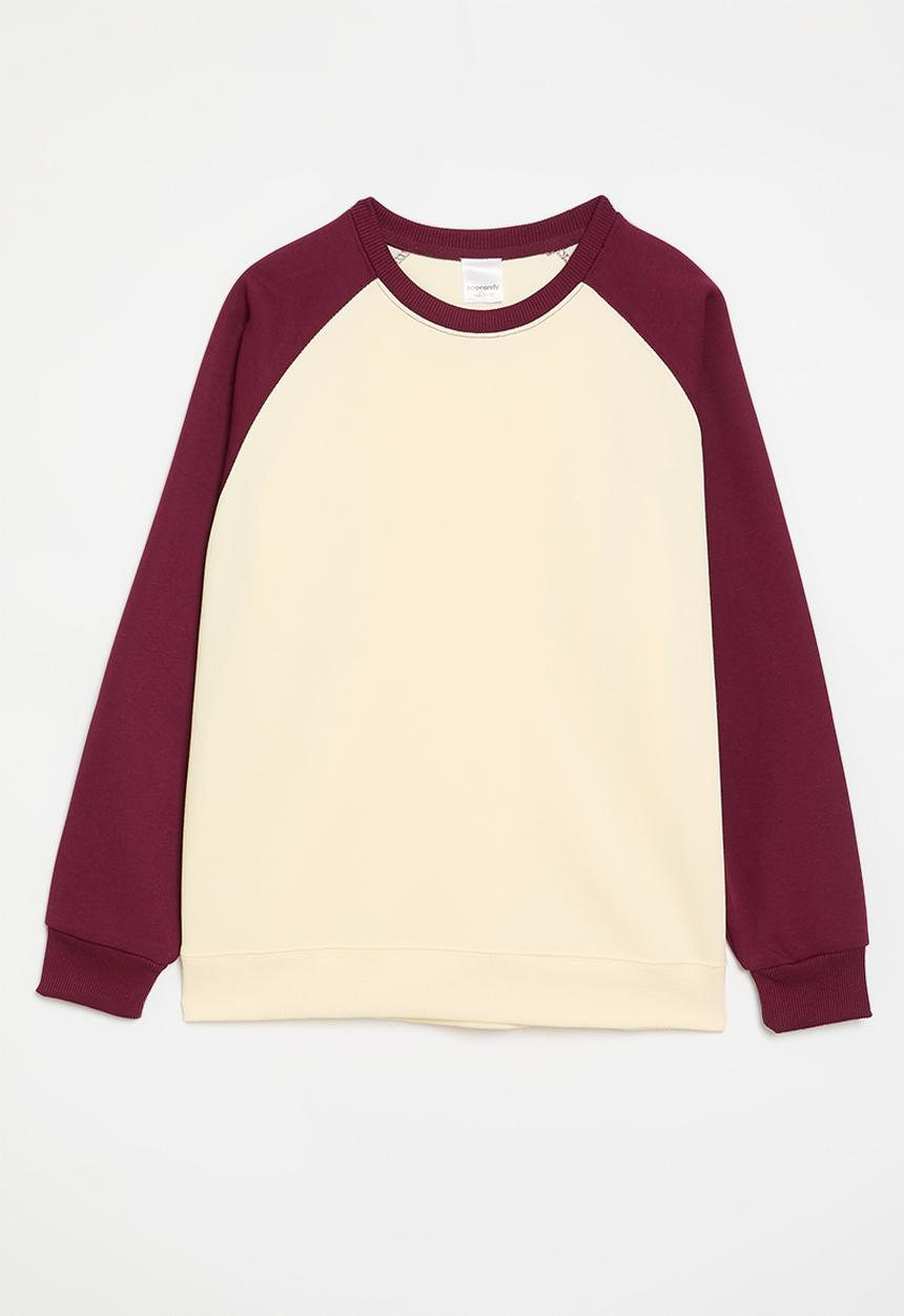 Pop Candy - Reglan sleeve crew neck tee - maroon  & ecru