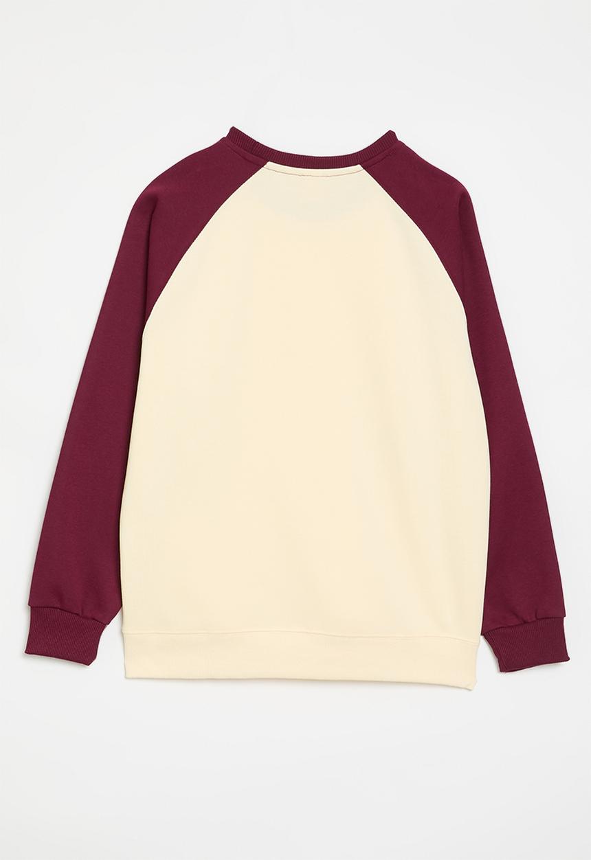 Pop Candy - Reglan sleeve crew neck tee - maroon  & ecru