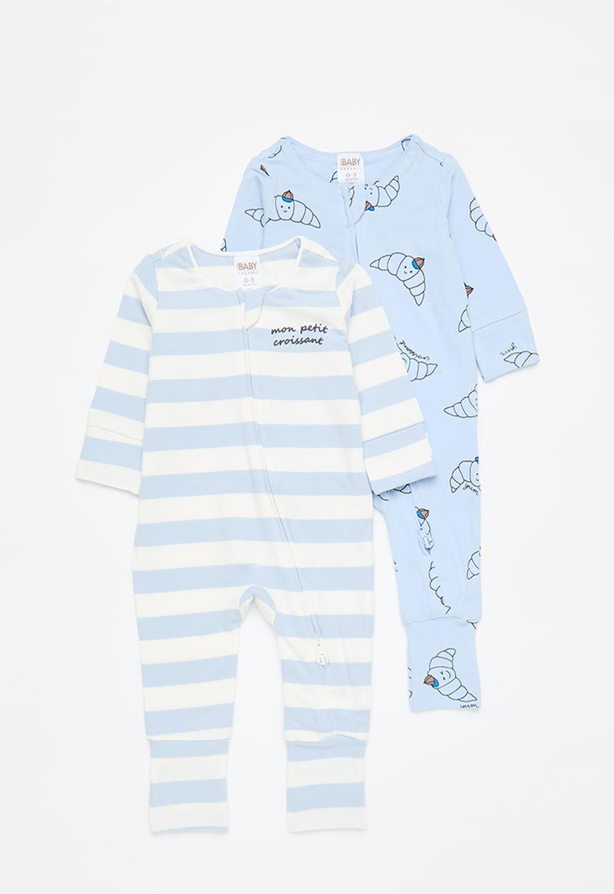 Cotton On - 2 pack long sleeve zip romper - dawn blue/monpetit croissant & blue croissant