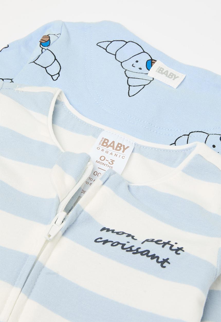 Cotton On - 2 pack long sleeve zip romper - dawn blue/monpetit croissant & blue croissant