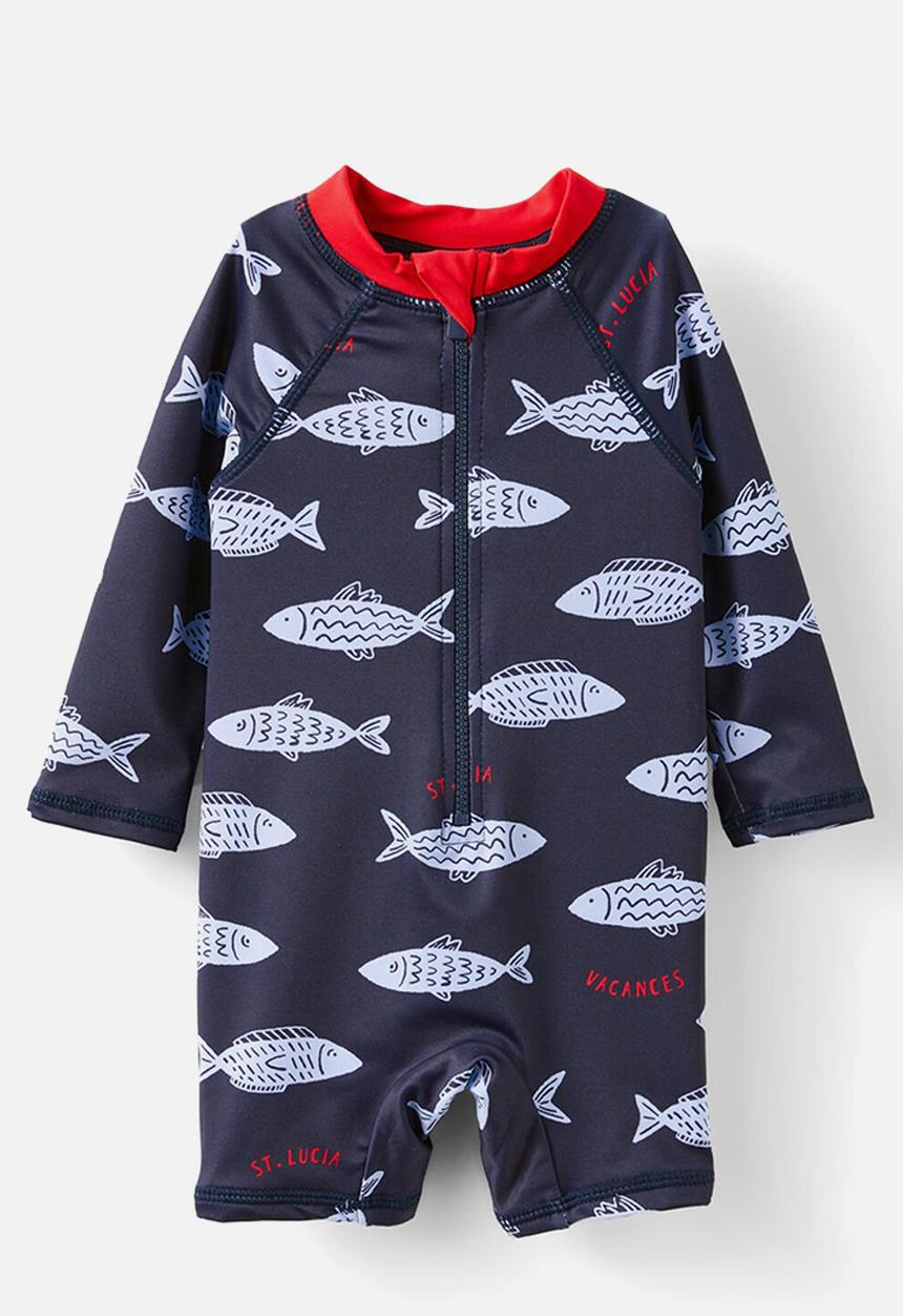 Cotton On - Cameron long sleeve swimsuit - navy ink/vacances fish