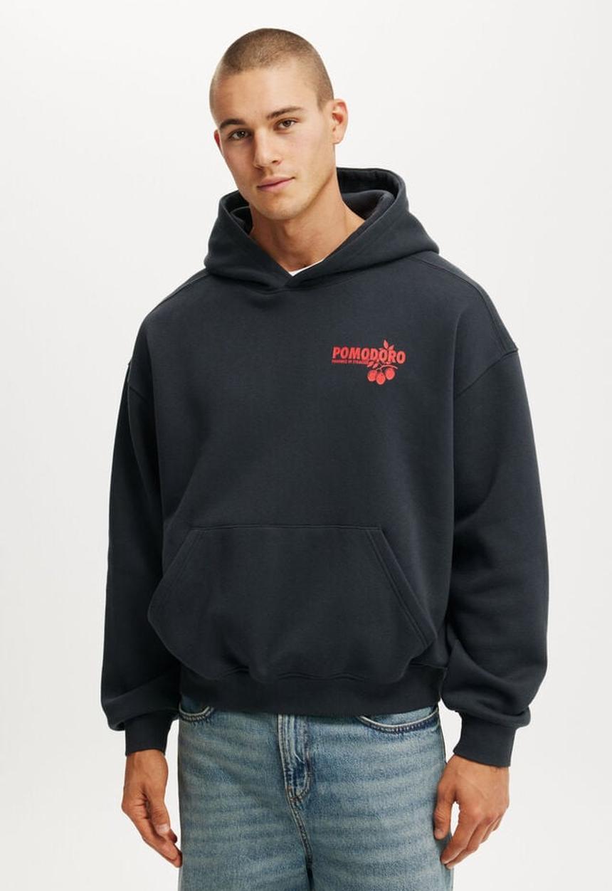 Cotton On - Box fit graphic hoodie - washed black / pomodoro
