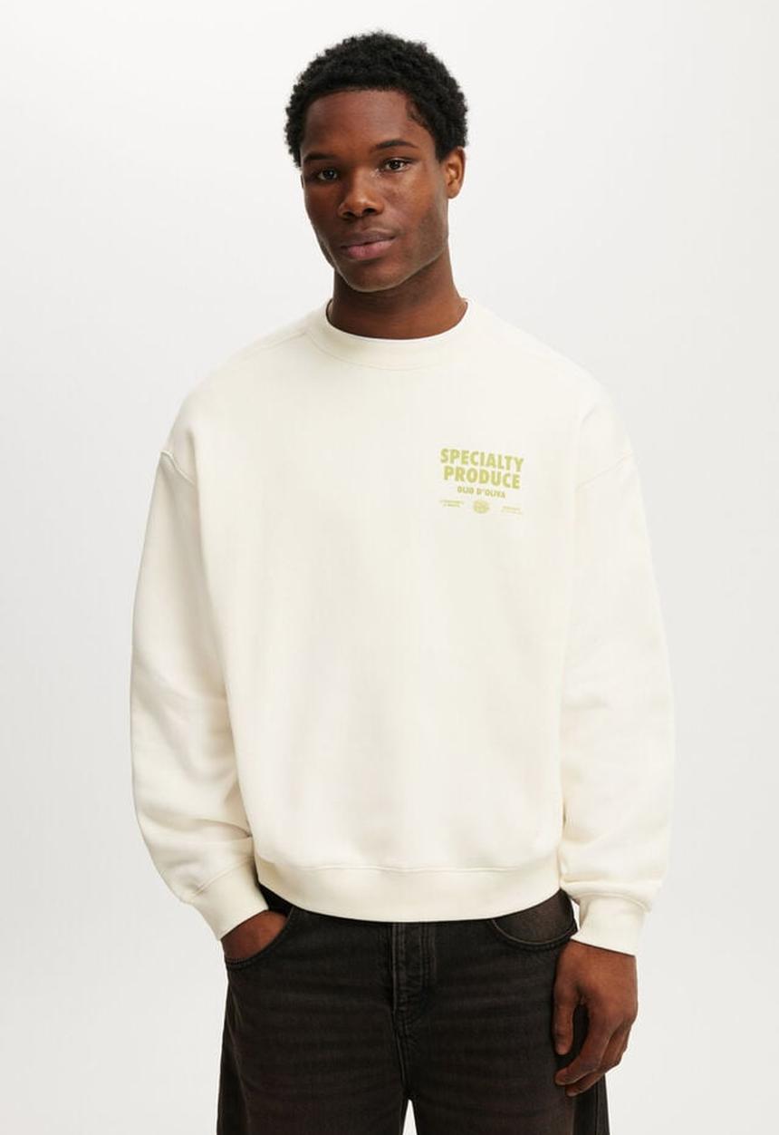 Cotton On - Box Fit Graphic Crew Sweater - Cream Puff / Specialty Produce