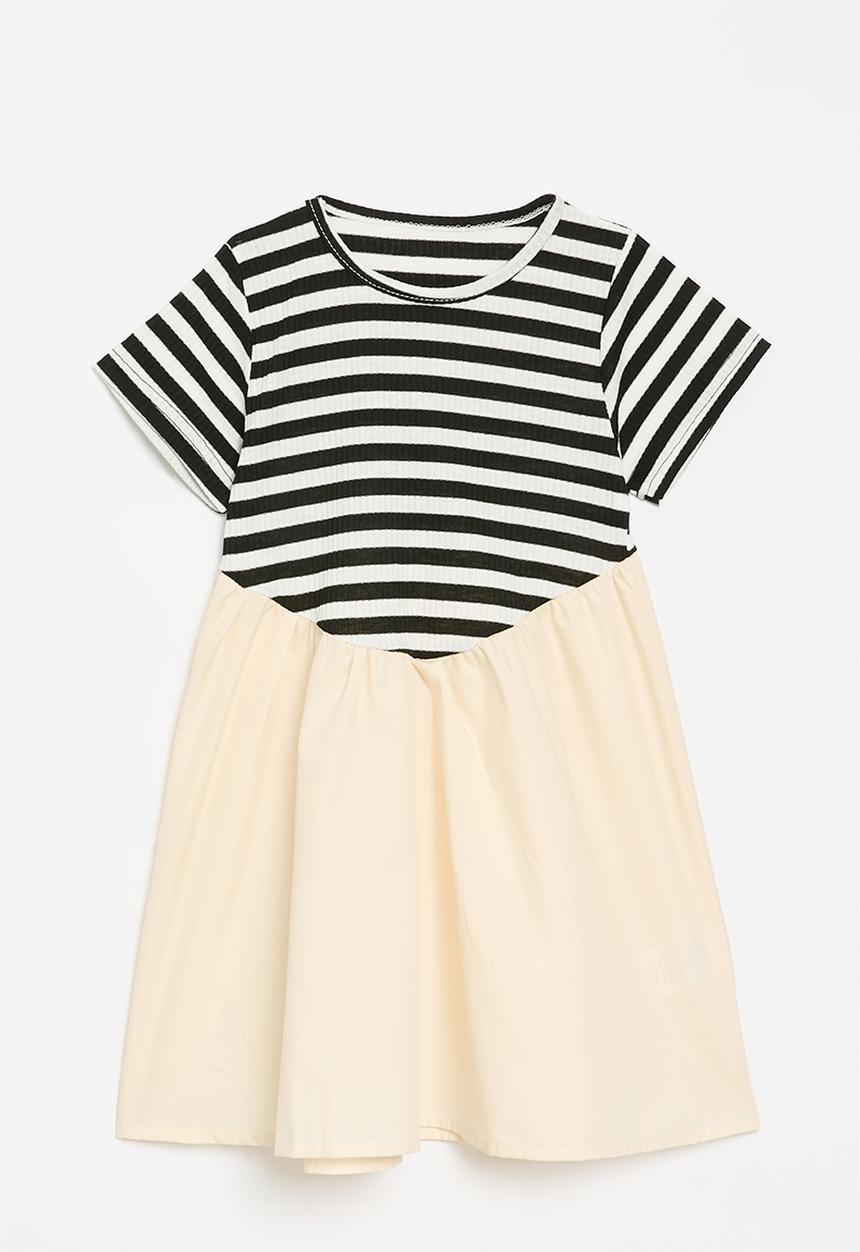 Pop Candy - Basque waistline dress with gathered skirt - black stripes/ecru