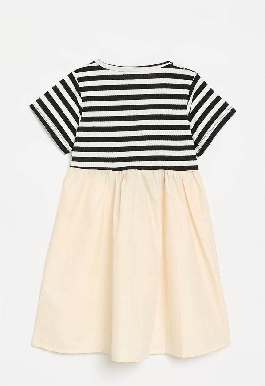 Pop Candy - Basque waistline dress with gathered skirt - black stripes/ecru