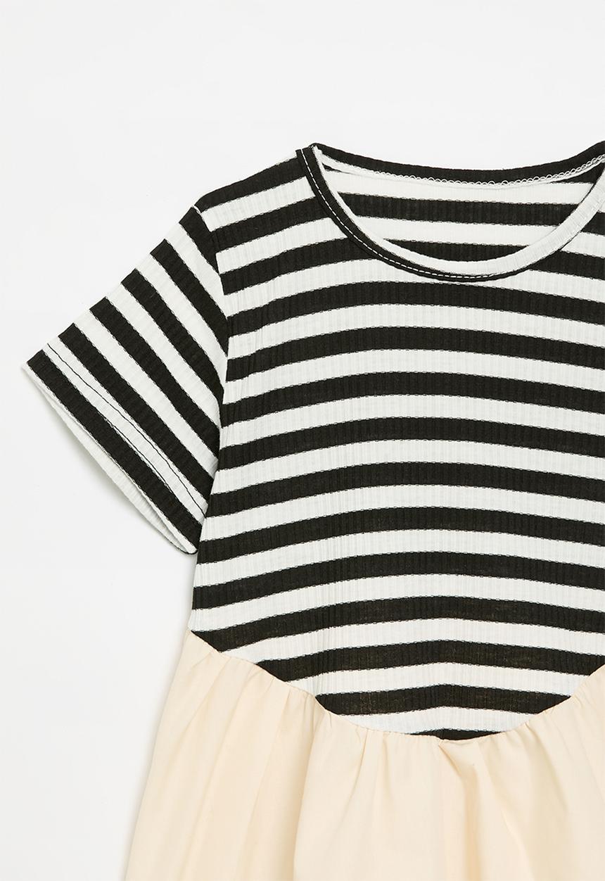 Pop Candy - Basque waistline dress with gathered skirt - black stripes/ecru