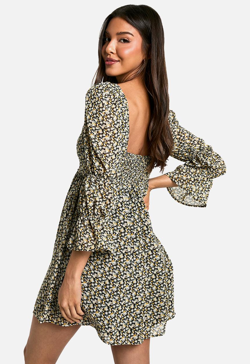 boohoo - Floral gathered puff sleeve smock dress - multi