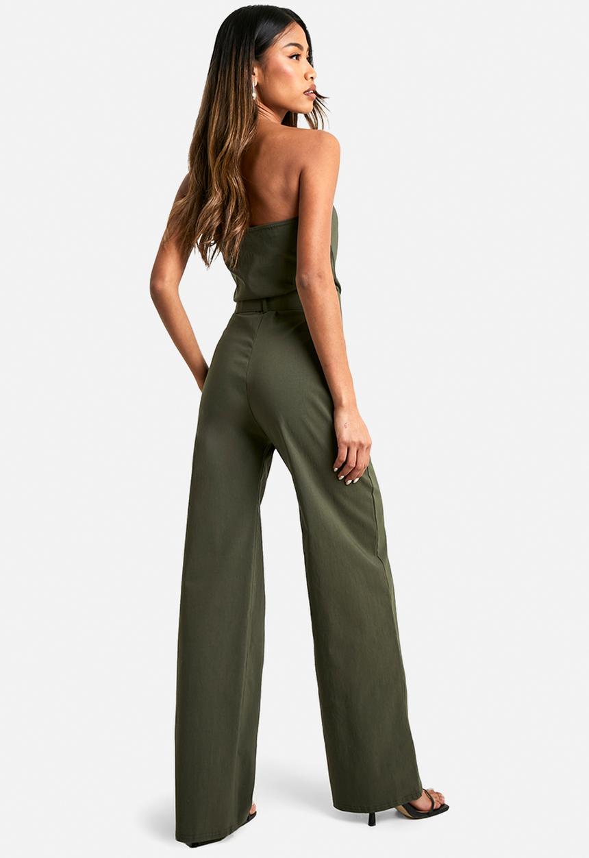 boohoo - Belt trim bandeau wide leg jumpsuit - khaki
