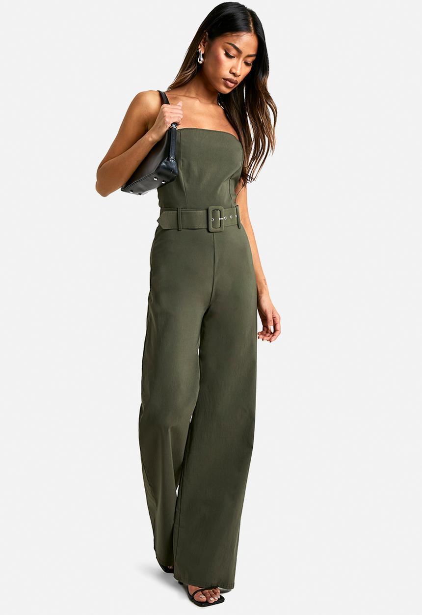 boohoo - Belt trim bandeau wide leg jumpsuit - khaki