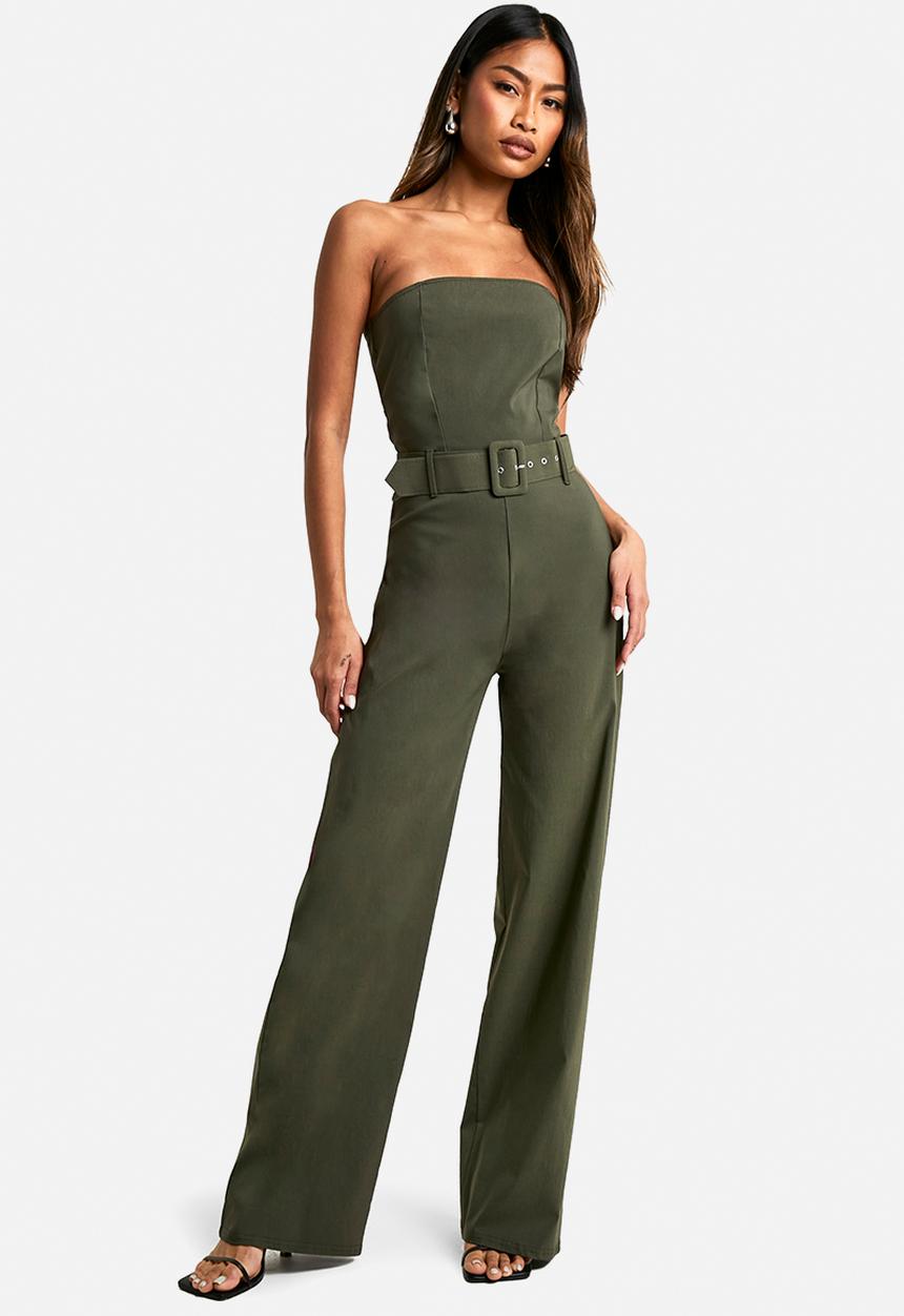 boohoo - Belt trim bandeau wide leg jumpsuit - khaki