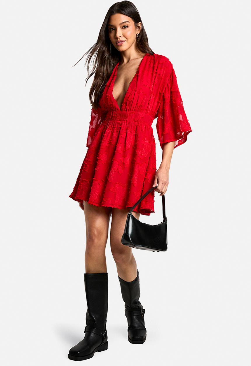 boohoo - Burnout floral plunge skater dress - red