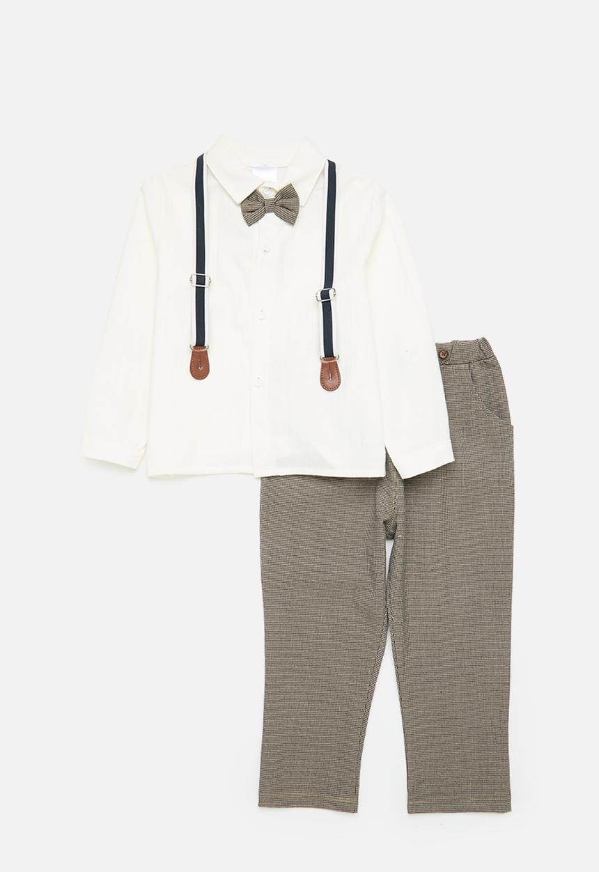 Pop Candy - Bow tie shirt and suspender pants set - brown & white