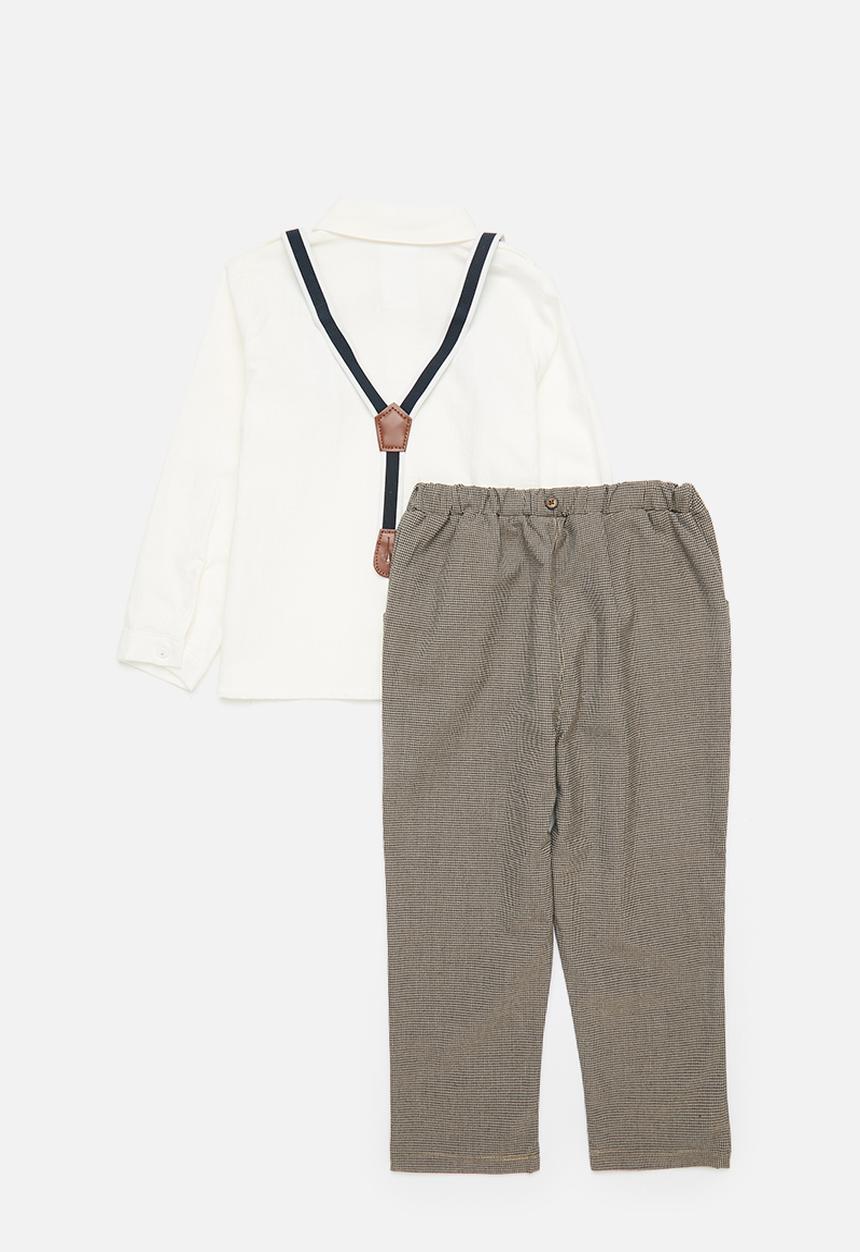 Pop Candy - Bow tie shirt and suspender pants set - brown & white
