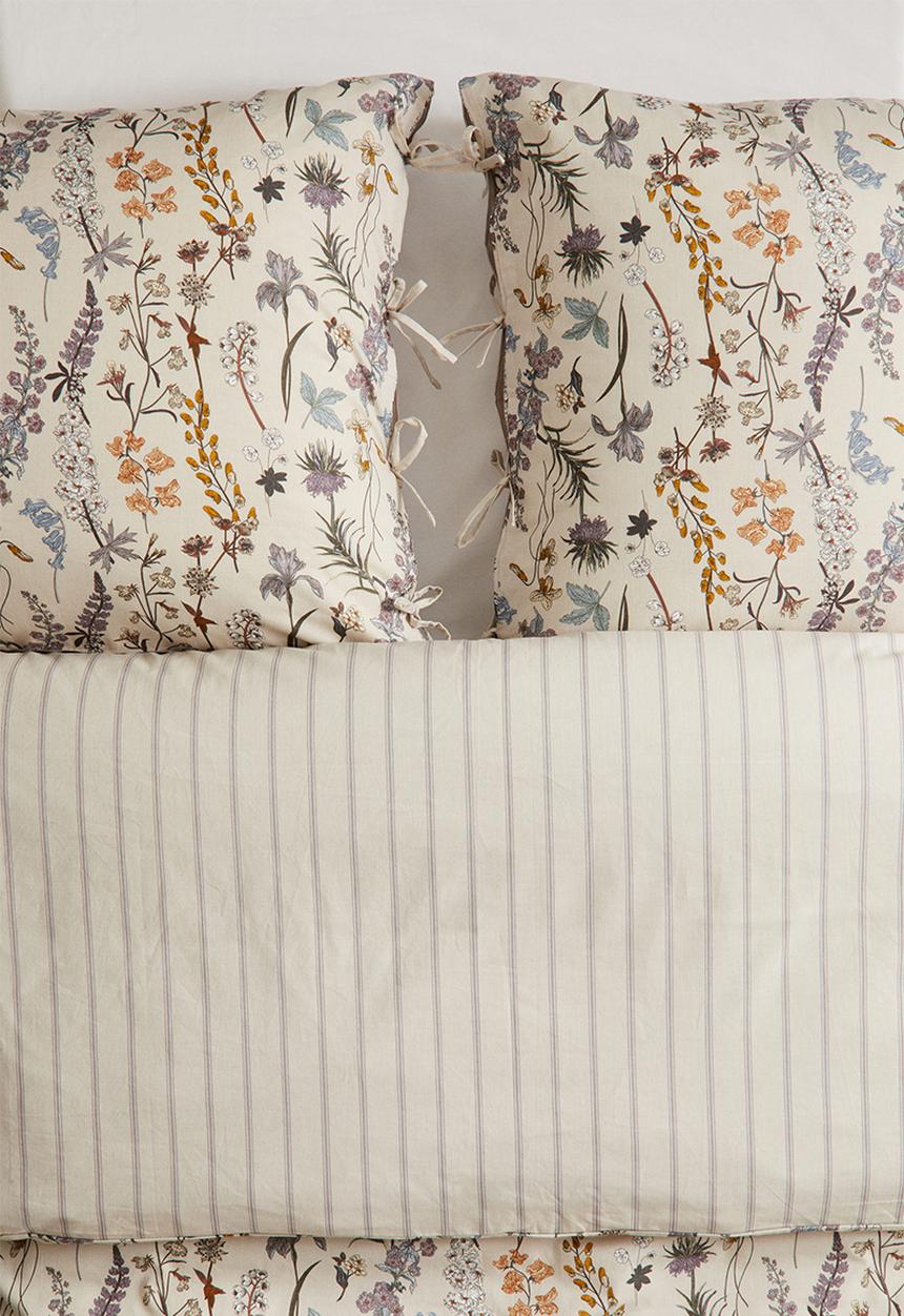 H&M - Cotton double/king duvet cover set - light beige flowers