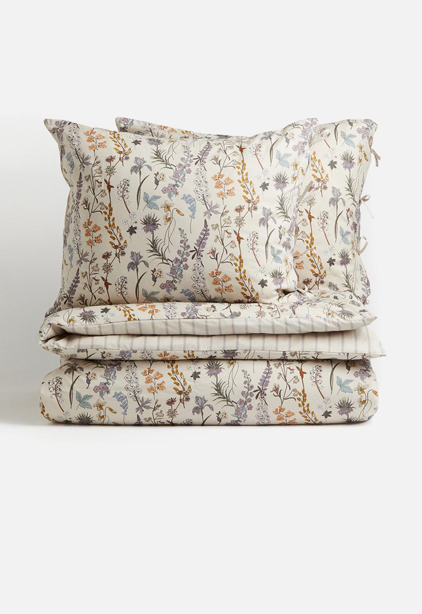 H&M - Cotton double/king duvet cover set - light beige flowers