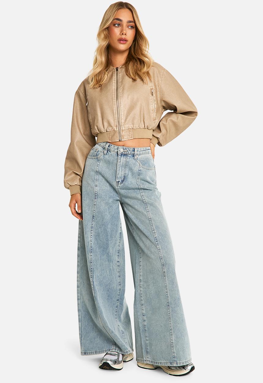 boohoo - Seam Detail Extreme Wide Leg Denim Jeans - Light Blue