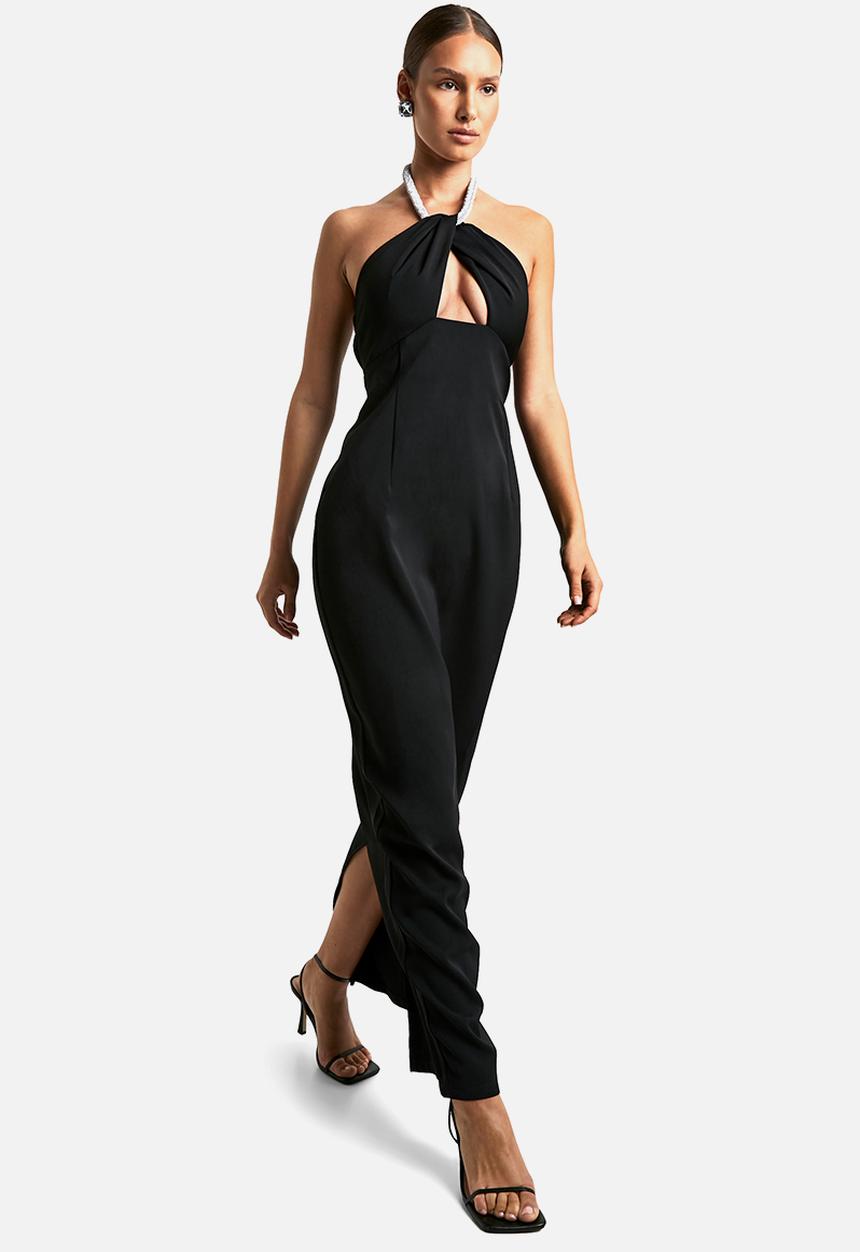 boohoo - Diamante trim halterneck maxi dress - black