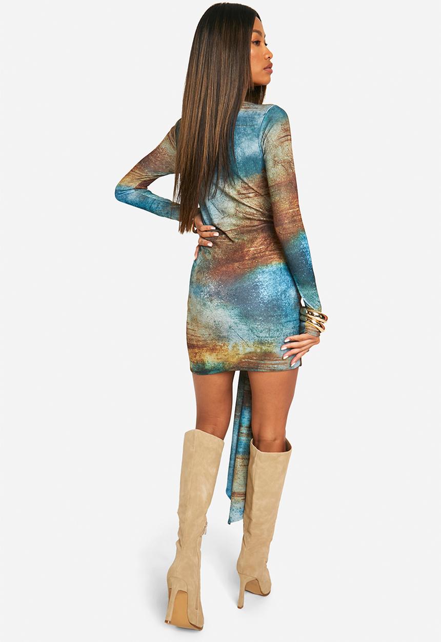 boohoo - Printed tie front mesh mini dress - green