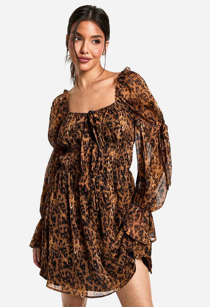 boohoo - Leopard chiffon milkmaid mini dress - brown