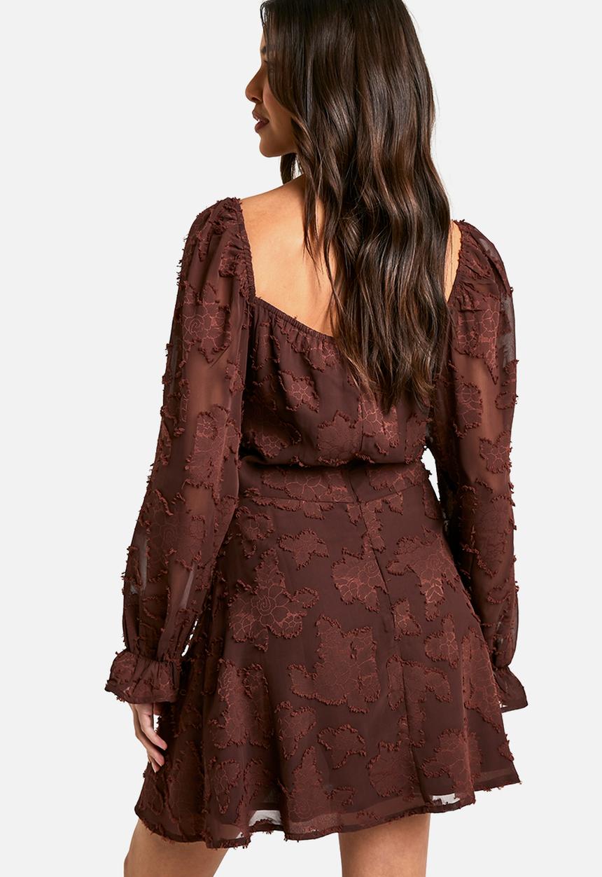 boohoo - Tie detail burnout long sleeve mini dress - choc