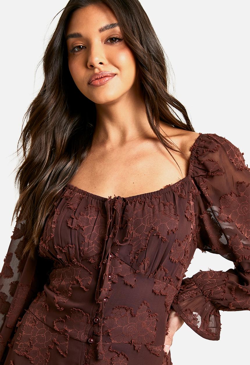 boohoo - Tie detail burnout long sleeve mini dress - choc