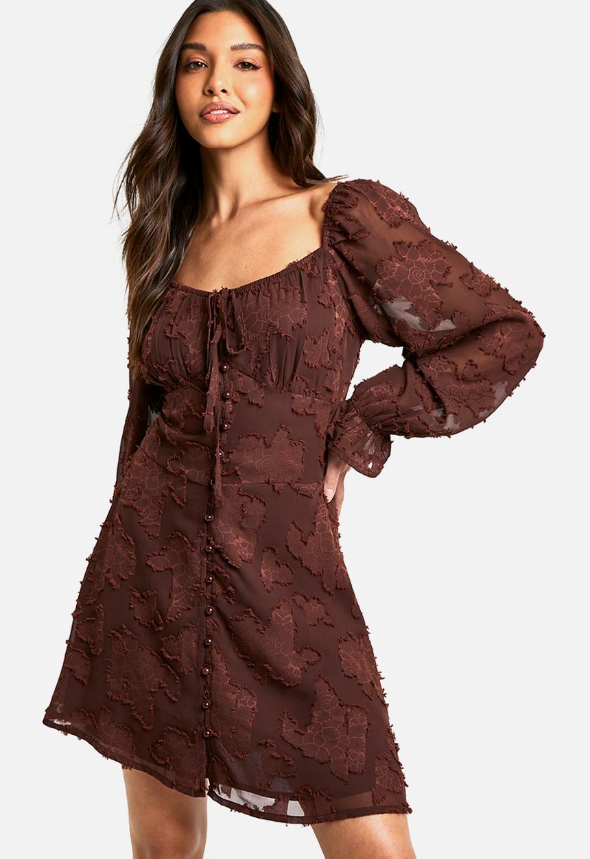 boohoo - Tie detail burnout long sleeve mini dress - choc