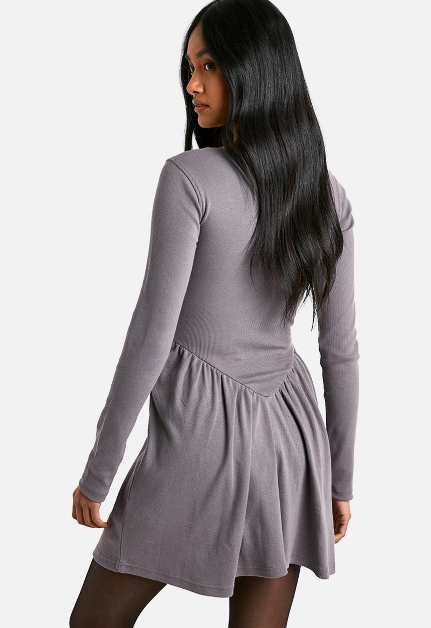 boohoo - Rib Dropped Hem Smock Dress - Grey