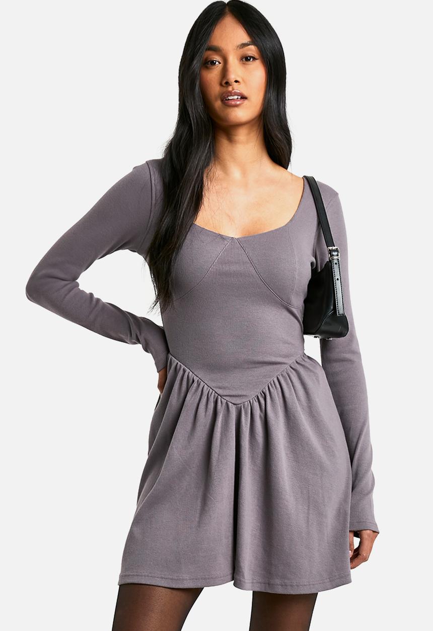 boohoo - Rib Dropped Hem Smock Dress - Grey