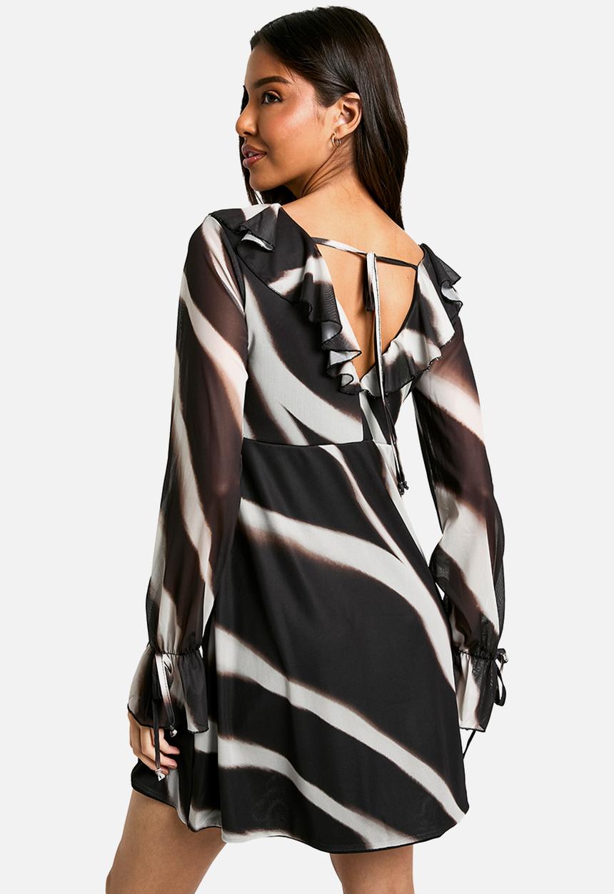 boohoo - Abstract mesh ruffle mini dress - black