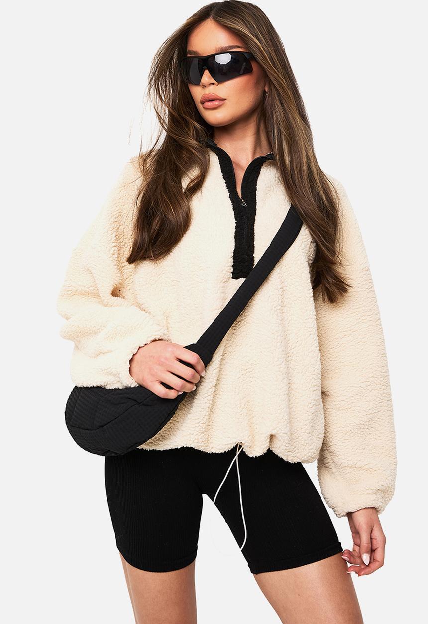 boohoo - Detail Half Zip Oversized Borg Sweatshirt - Stone