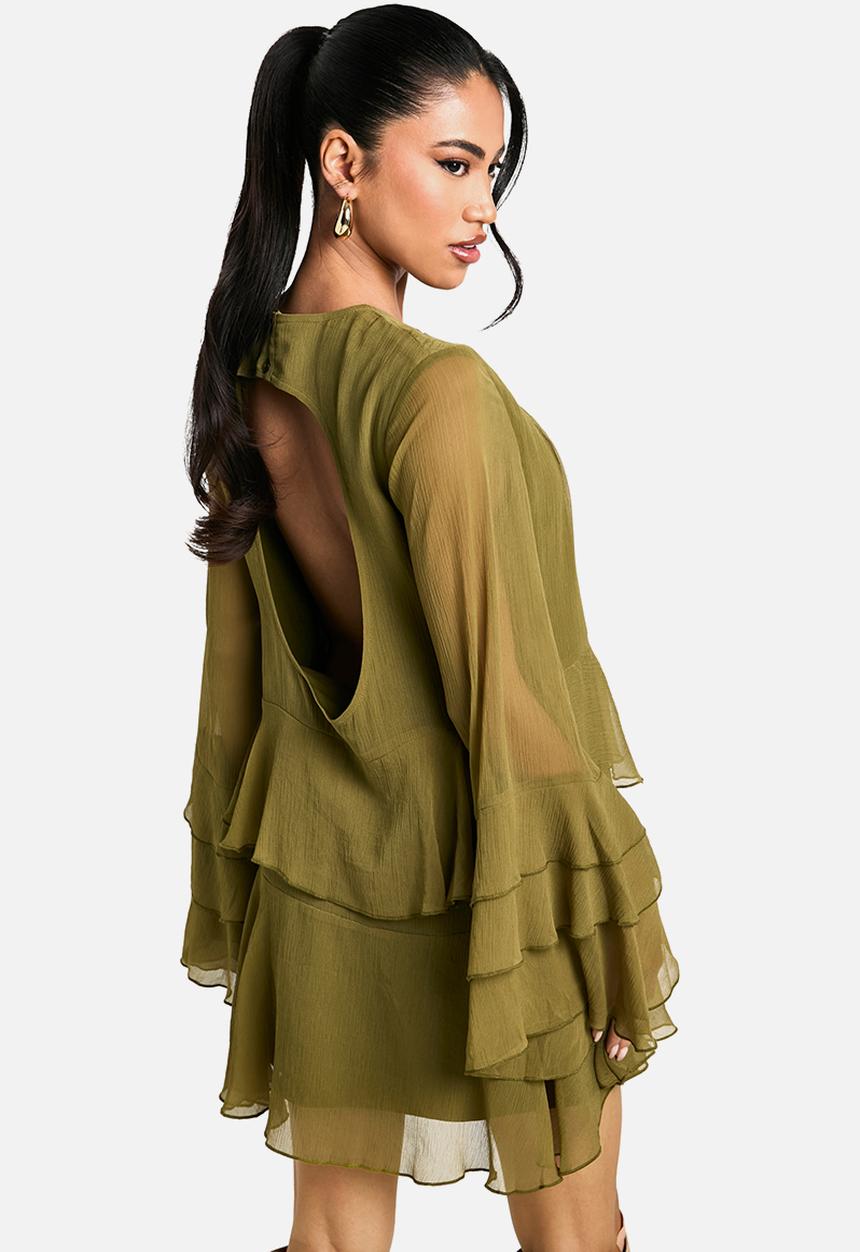 boohoo - Crinkle Chiffon Ruffle Flare Sleeve Mini Dress - Olive