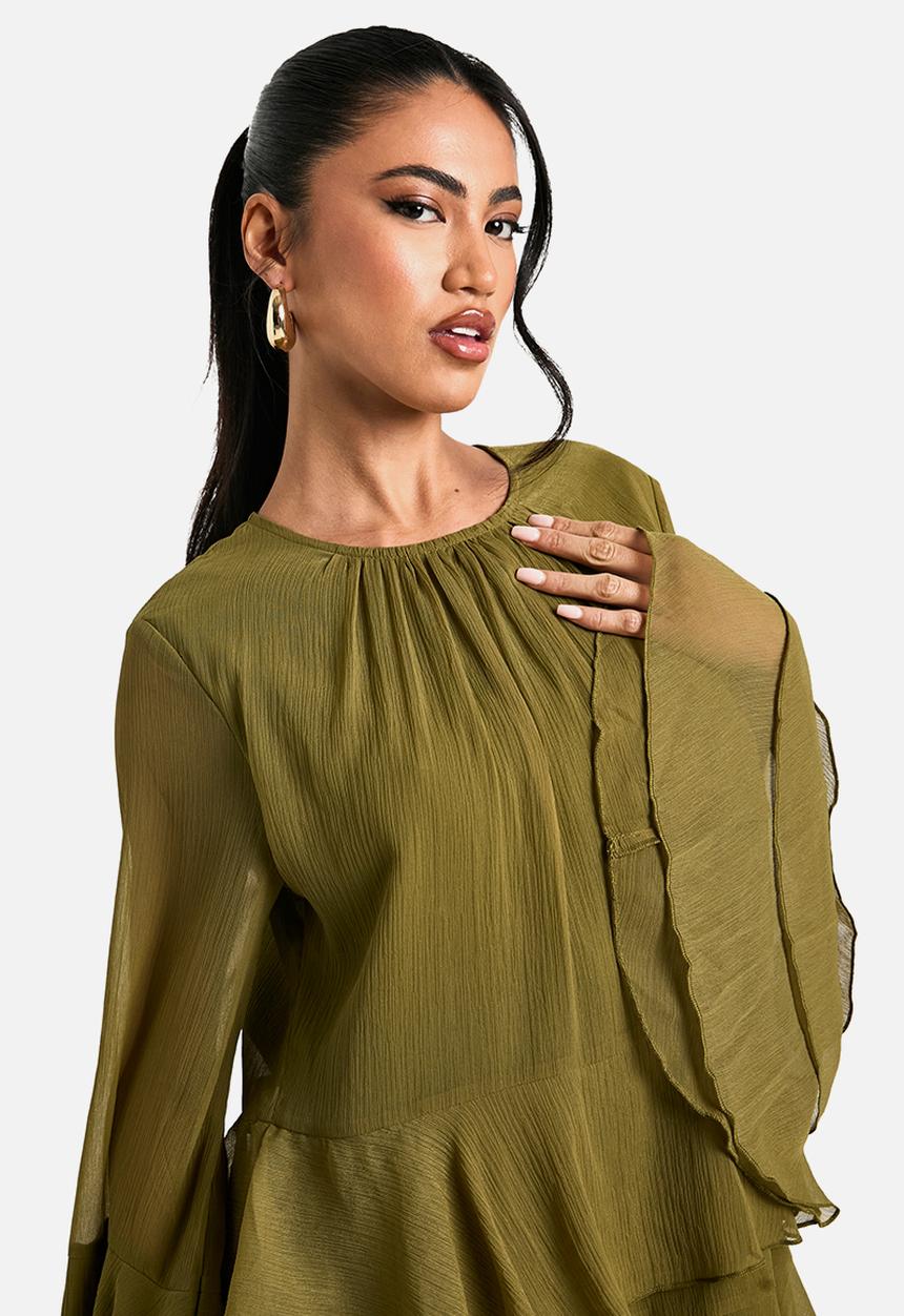 boohoo - Crinkle Chiffon Ruffle Flare Sleeve Mini Dress - Olive