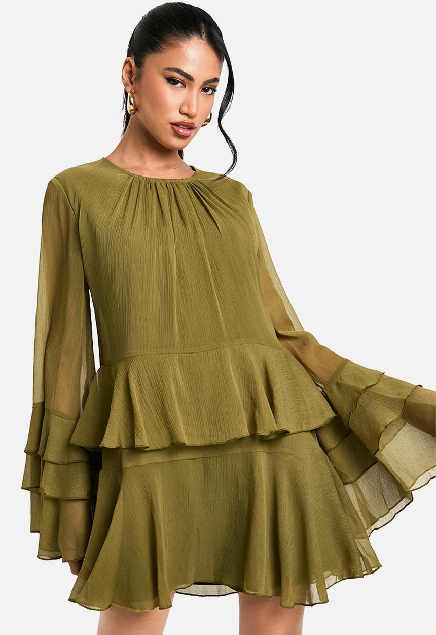 boohoo - Crinkle Chiffon Ruffle Flare Sleeve Mini Dress - Olive