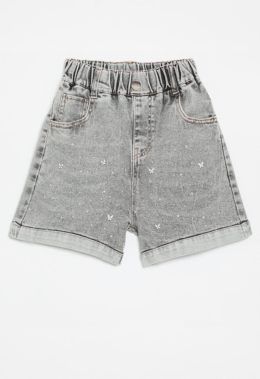 Pop Candy - Turn up hem denim shorts-charcoal grey