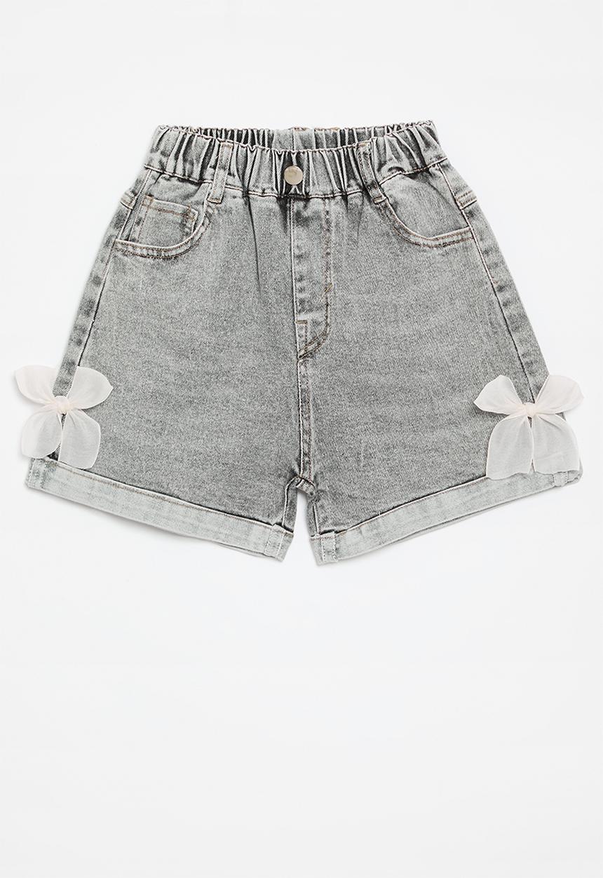 Pop Candy - Cuffed denim shorts with organza bows - grey
