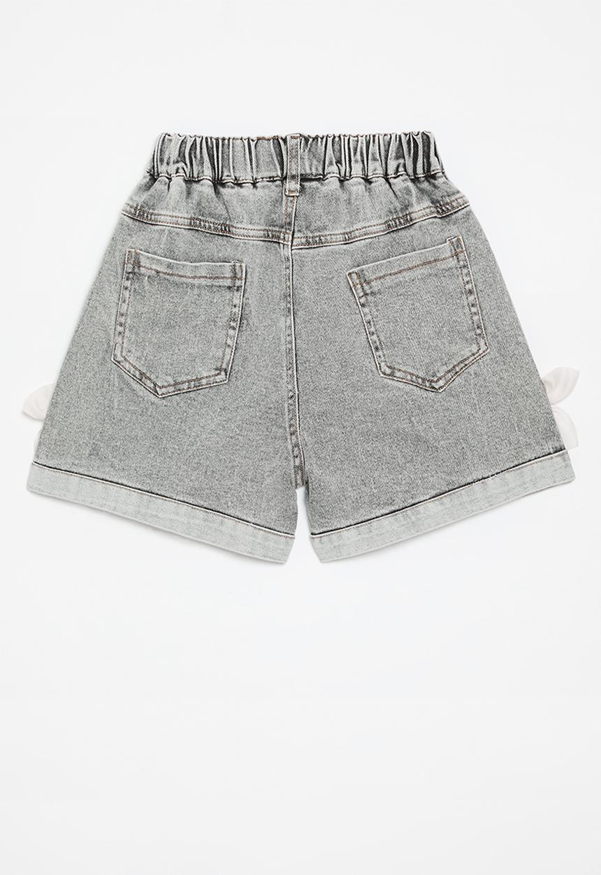 Pop Candy - Cuffed denim shorts with organza bows - grey
