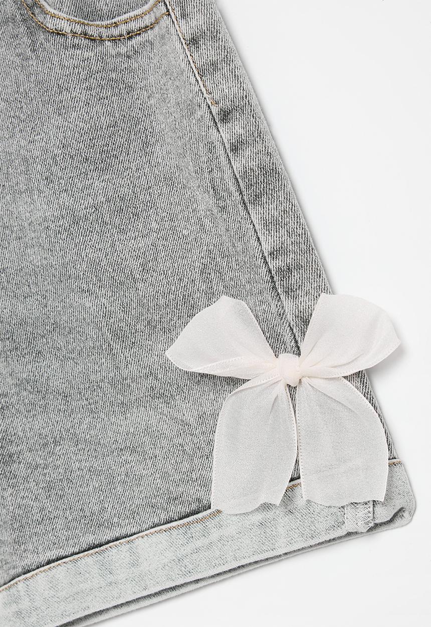 Pop Candy - Cuffed denim shorts with organza bows - grey