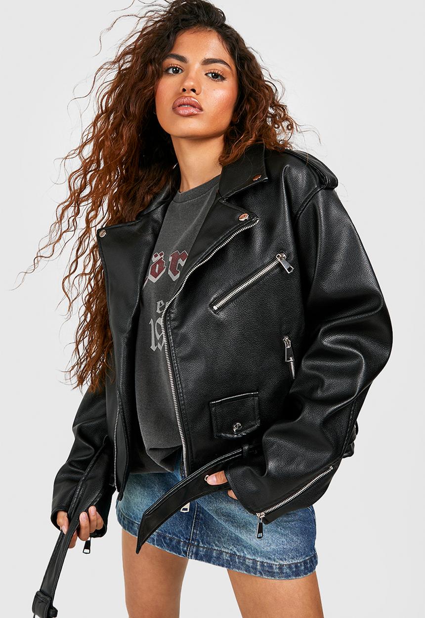 Faux Leather Oversized Biker Jacket - Black