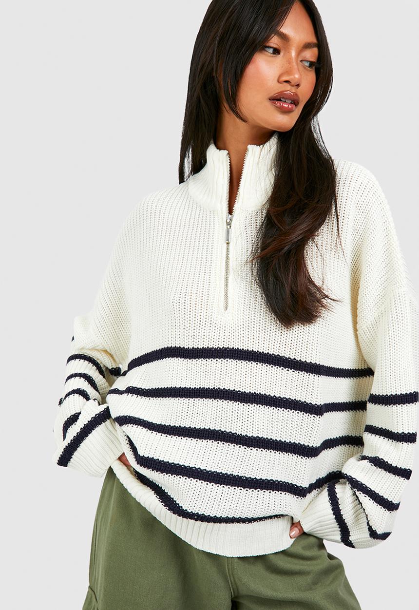 boohoo - Half Zip Stripe Jumper - White