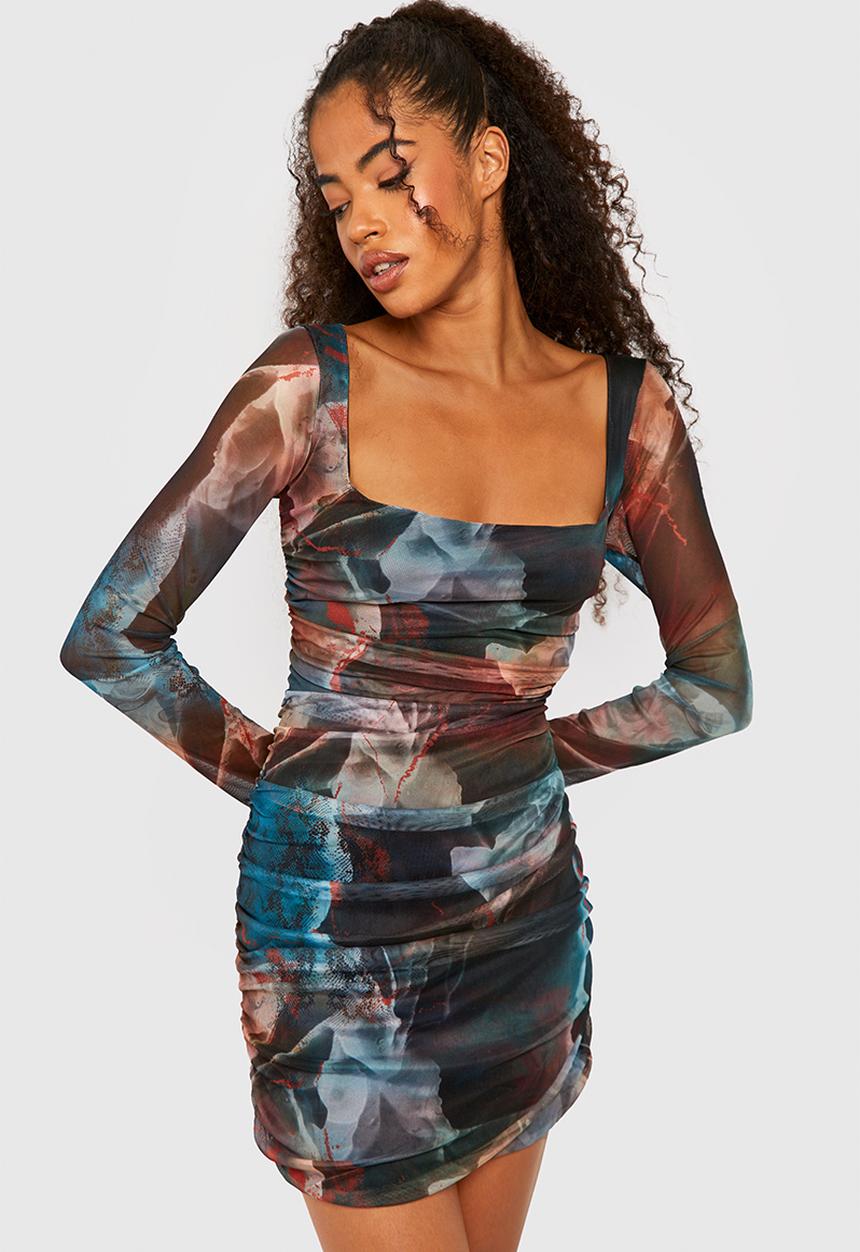 boohoo - Abstract square neck ruched mesh bodycon dress - multi