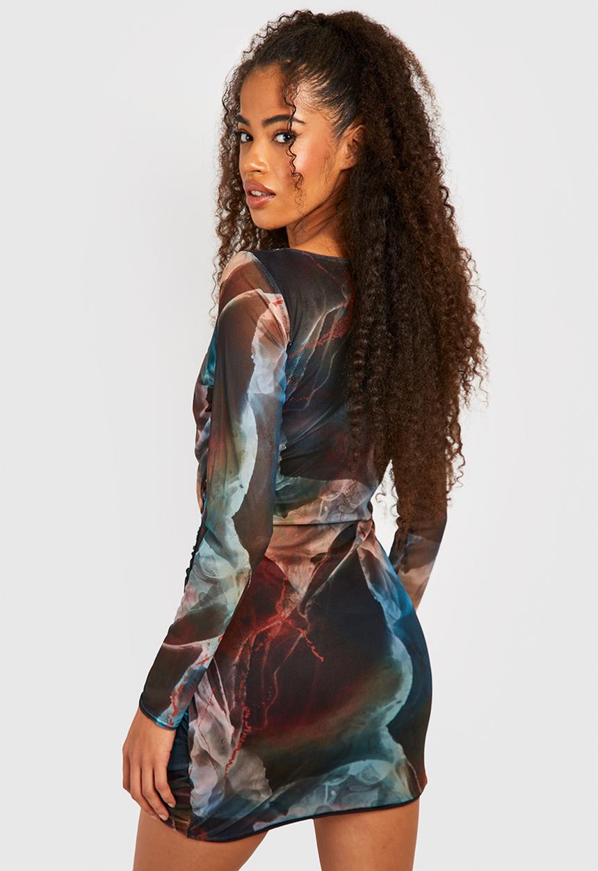 boohoo - Abstract square neck ruched mesh bodycon dress - multi