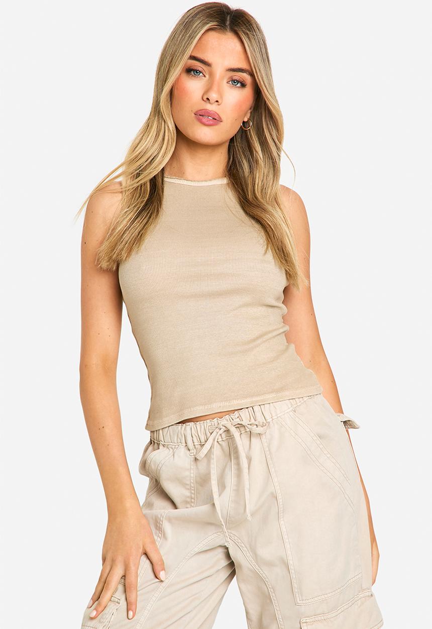 boohoo - Acid wash contrast stitch ribbed vest - brown