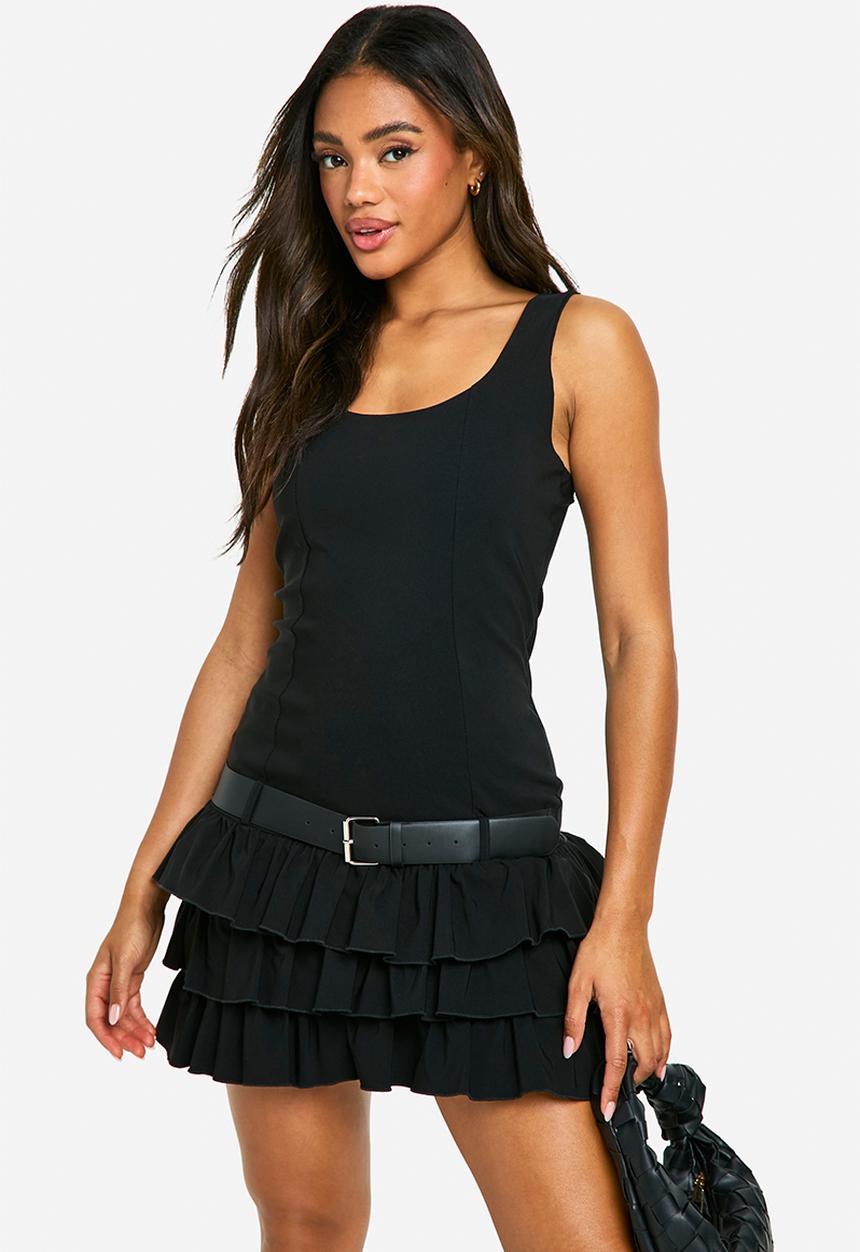 boohoo - Bengaline ruffle mini dress - black