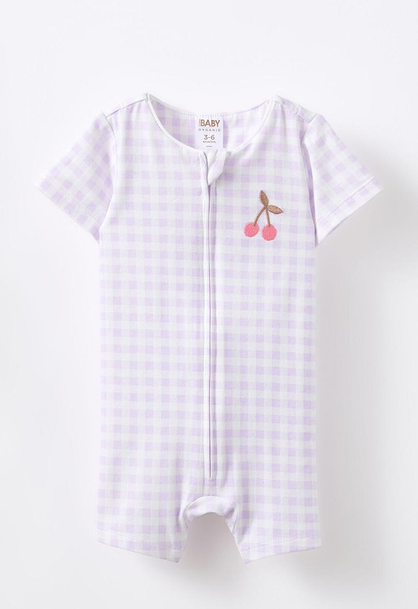 Cotton On - The short sleeve zip romper - vintage lilac/gingham cherry