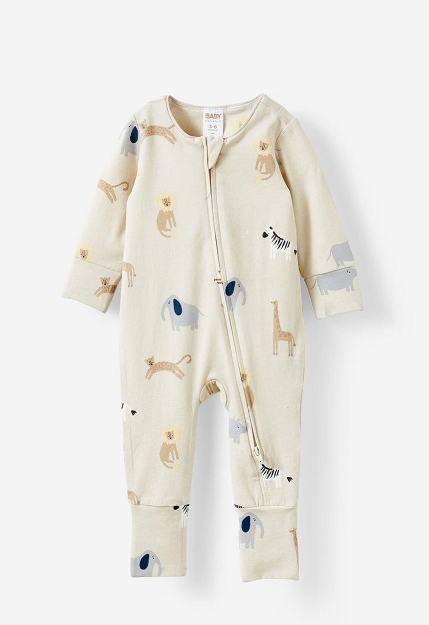 Cotton On - The long sleeve zip romper - rainy day/safari animals
