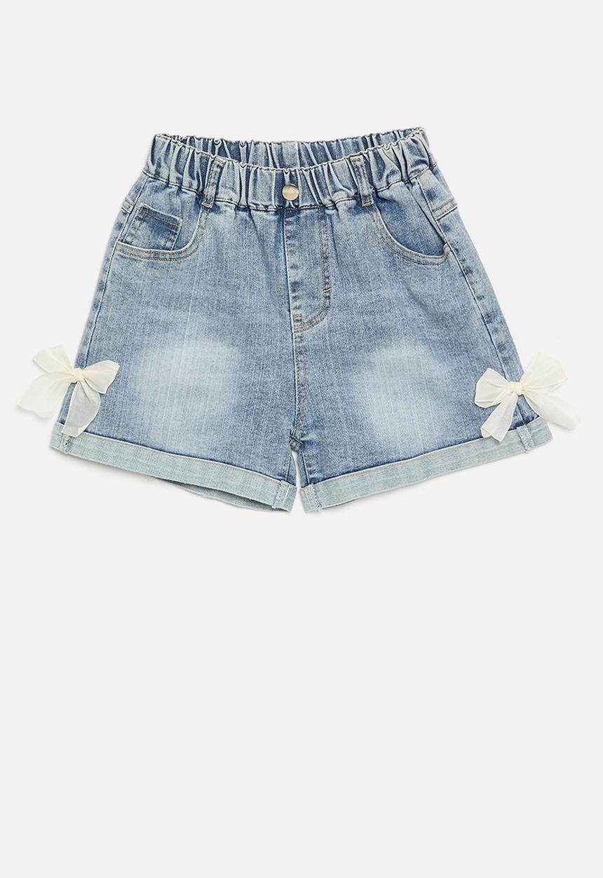 Pop Candy - Cuffed denim shorts with organza bows - blue