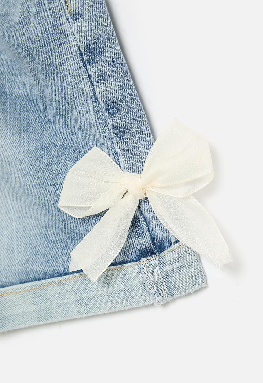 Pop Candy - Cuffed denim shorts with organza bows - blue