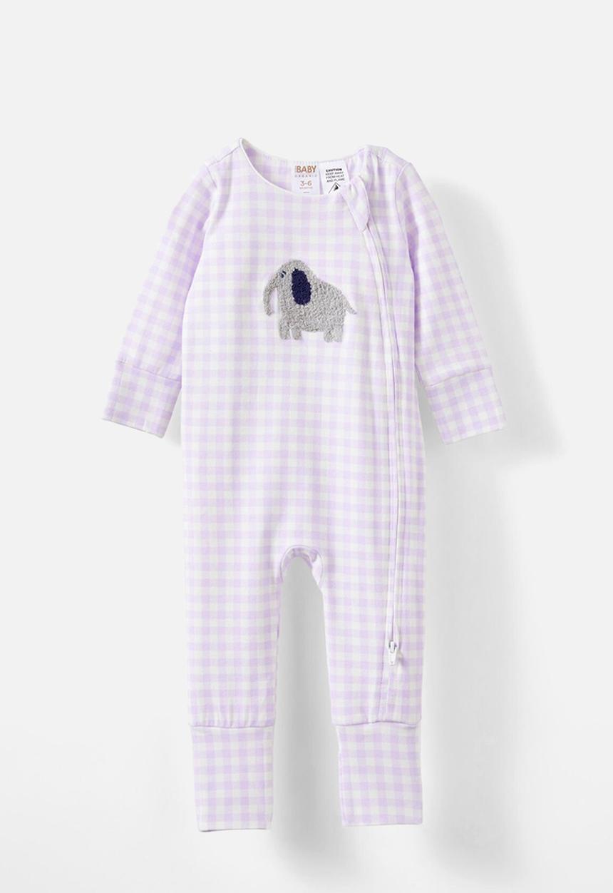 Cotton On - The long sleeve zip romper - vintage lilac/elephant gingham