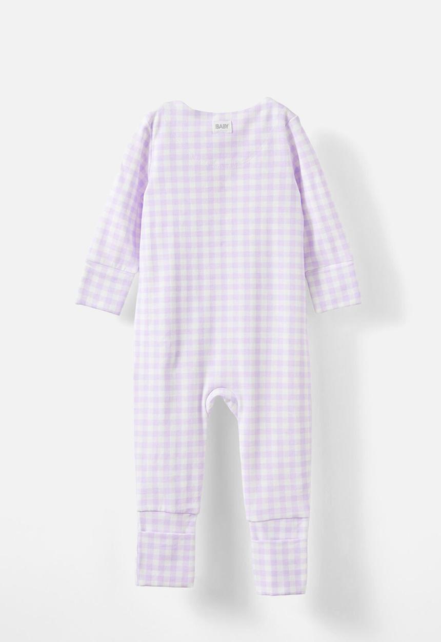Cotton On - The long sleeve zip romper - vintage lilac/elephant gingham