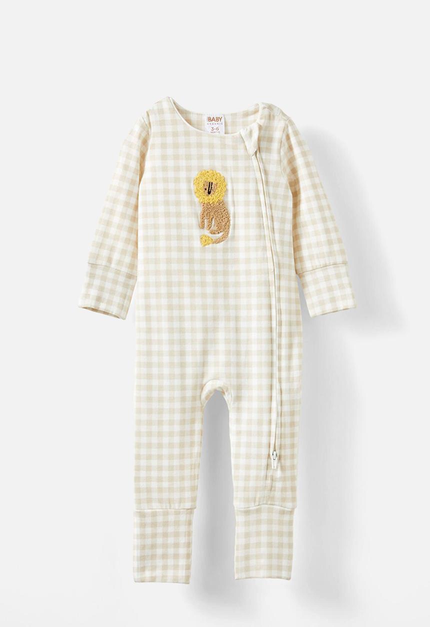 Cotton On - The long sleeve zip romper - rainy day/lion gingham